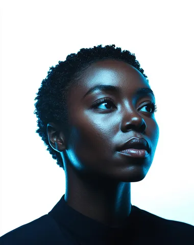 Minimalist Portrait of African Woman in Black Shirt, Studio Lighting Minimalist Portrait of African Woman in Black Shirt, Studio Lighting