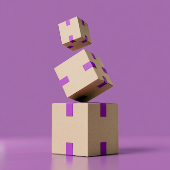 Minimalist Stacked Cardboard Boxes with Purple Tape