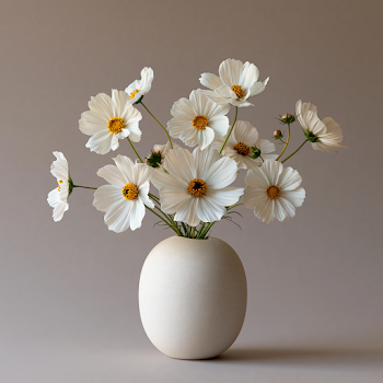 Minimalist White Cosmos Flowers in Organic Vase