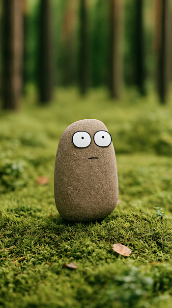 Minimalistic Stone Character in Lush Green Forest