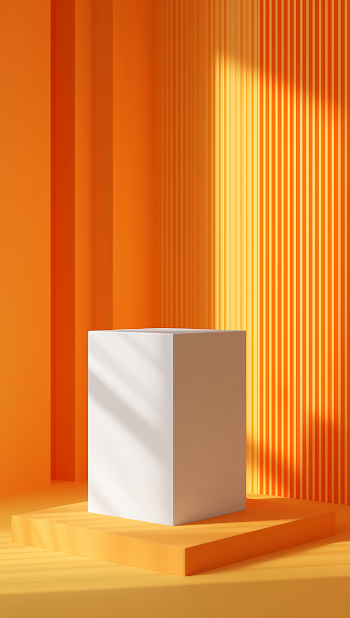 Minimalistic White Podium Against Vibrant Orange Background