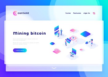 Mining bitcoin office people and interact with computers. Landing page template. 3d isometric vector illustration.