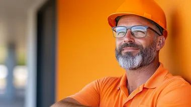 Mining engineer with hard hat and glasses examining mine map, orange background