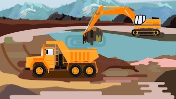 Mining vector illustration. Mining illustration for business. Crawler excavator pours the ore into a truck