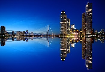Mirrored Image of High Rise Buildings and Bridge