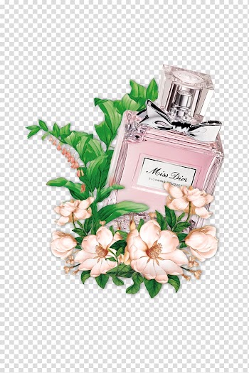 Miss Dior fragrance bottle and brown petaled flowers illustration, Perfume Chanel, Perfume and flowers transparent background PNG clipart