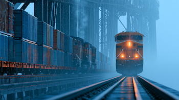 Misty Dawn Freight Train Crossing Steel Bridge