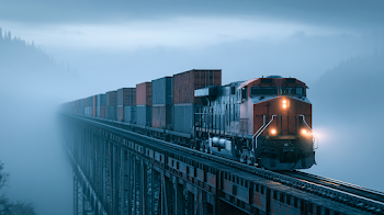 Misty Dawn Freight Train Crossing Steel Bridge