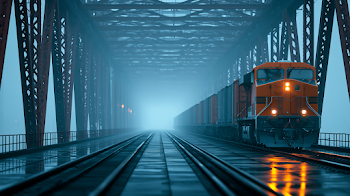 Misty Dawn Freight Train Crossing Steel Bridge