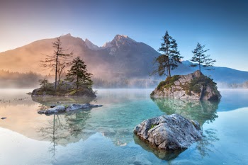 Misty Summer Morning On Hintersee Lake Stock Photo
