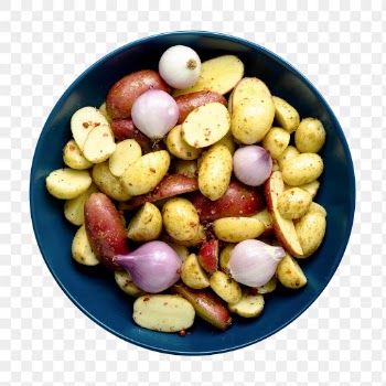 Mixed roasted potatoes png with red onions food photography