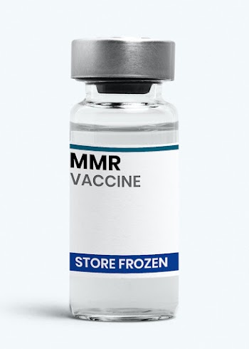 MMR vaccine injection bottle with store frozen label