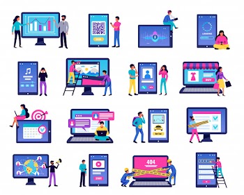 Mobile application icons set with laptop and smartphone symbols flat isolated  illustration Free Vector