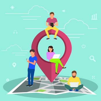 Mobile marketing with map tag concept illustration of young people using mobile smartphone to find shopping mall, events and offers. Flat guys and women sitting on the map with red pin symbol.