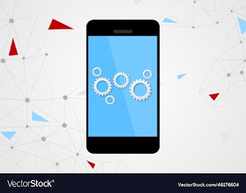 mobile phone and gears on touchscreen