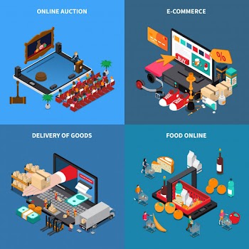 Mobile shopping e-commerce concept 4 isometric compositions with online food auction goods purchase delivery Free Vector