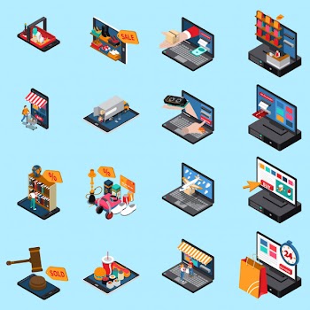 Mobile shopping e-commerce concept isometric icons collection with food clothing electronics online sales isolated Free Vector