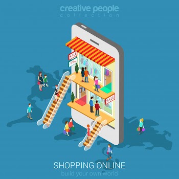Mobile shopping e-commerce online store concept.  people walk in mall inside smartphone isometric . Free Vector