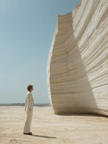 Model in Ivory Suit Against Layered Greenshcist Wall Model in Ivory Suit Against Layered Greenshcist Wall
