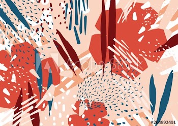 Modern abstract background with stylized red and blue flowers and leaves