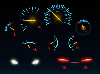 Modern car dashboard indicators glowing in darkness blue and orange light scales and arrows, automobile front and back headlights realistic vector illustrations set Free Vector