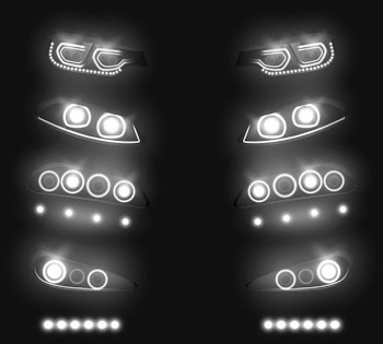 Modern car front, back headlights realistic vector set. switched and glowing white in darkness, vehicle led, xenon or laser running lights illustration isolated on black. auto industry equipment Free Vector