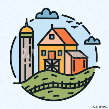 Modern circular logo with rural landscape and farm building or barn drawn in line art style