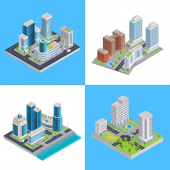 Modern city isometric compositions Free Vector