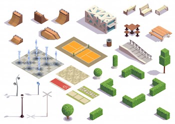 Modern city park isometric set with recreation skateboarding cycling tennis facilities benches lanterns fountains plants Free Vector