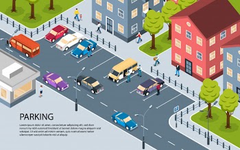 Modern city town residential area apartment district parking lot isometric view poster with informative text Free Vector
