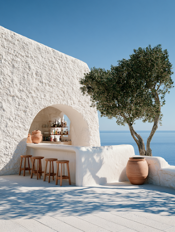 Modern Cycladic Open-Air Cafe with Olive Tree