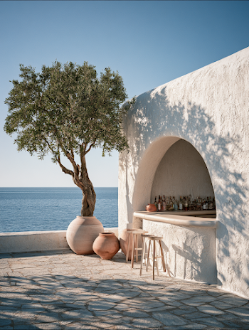 Modern Cycladic Open-Air Cafe with Olive Tree