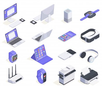 Modern devices isometric icons collection with sixteen isolated images of computers periphereals and various consumer electronics  illustration Free Vector