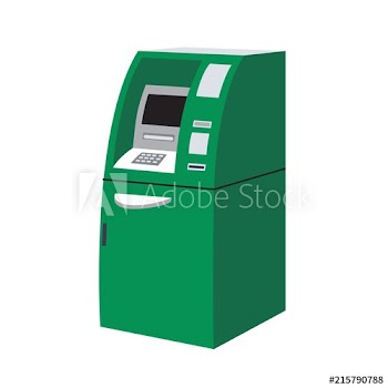 Modern green ATM or automated teller machine isolated on white background
