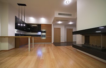 Modern kitchen with fireplace