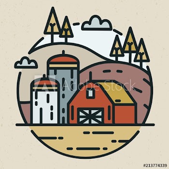 Modern logotype with countryside landscape and farm building with silos for grain storage drawn in linear style