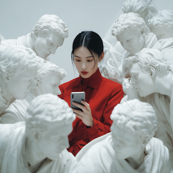 Modern Muse: A Young Woman Amidst Classical Statues