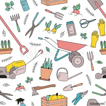 Modern seamless pattern with gardening tools, equipment for plants cultivation and agricultural work on white background