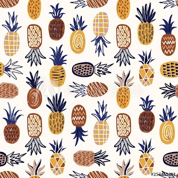 Modern seamless pattern with pineapples of various texture on white background