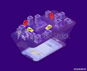 Modern smartphone lying on surface and projecting city map with taxi cars location indication