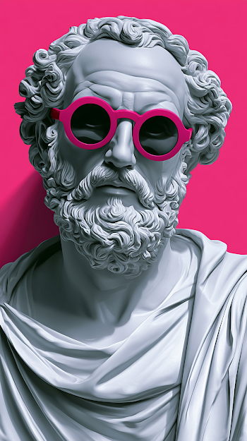 Modern Twist on an Ancient Philosopher: Marble Bust with Magenta Sunglasses