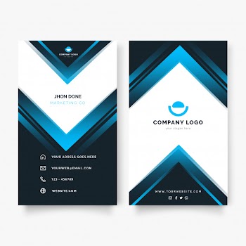 Modern vertical business card with blue shapes Free Vector