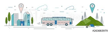 Modern web banner template with bus riding from start point towards tourist camp at finish point
