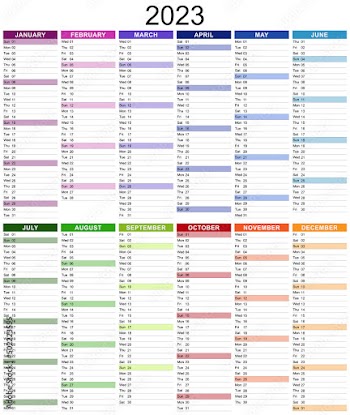Modèle de calendrier 2023 pour agenda, organiseur ou planificateur avec textes en anglais - Textes vectorisés et non vectorisés sur calques séparés