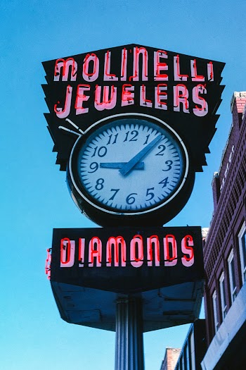 Molinelli Jewelers street clock, neon, Main… | Free public domain photo