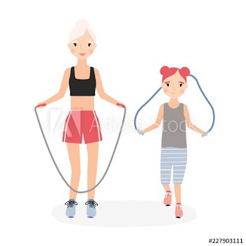 Mom and daughter jumping skipping ropes during fitness workout