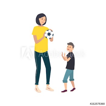 Mom and son playing football or soccer