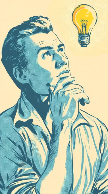Moment of Inspiration: Thoughtful Man with Lightbulb Moment of Inspiration: Thoughtful Man with Lightbulb