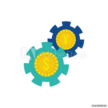 money dollar and yen coins with gears flat style