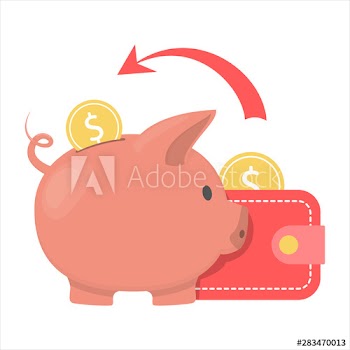Money falling inside the piggy bank out of the wallet